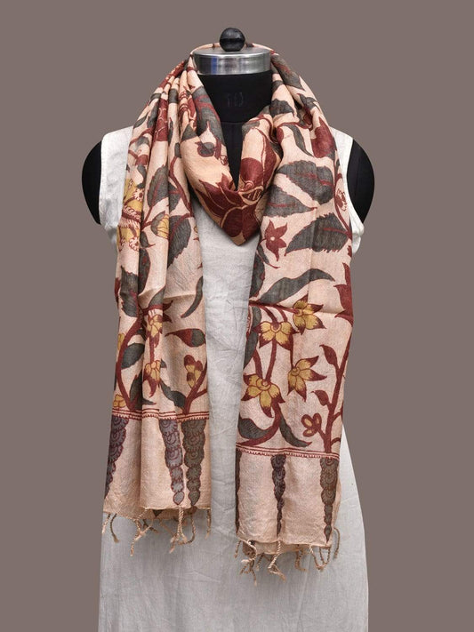 Cream Kalamkari Hand Painted Tussar Handloom Dupatta with Floral Design ds2306