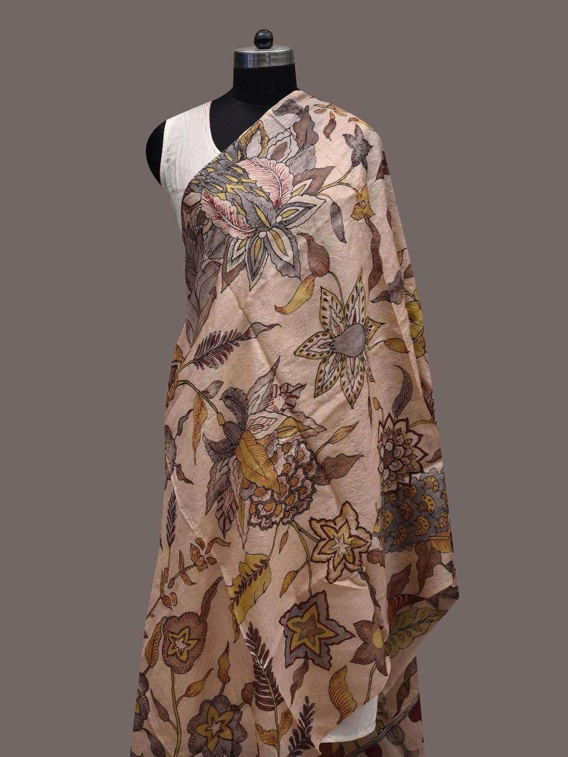 Cream Kalamkari Hand Painted Tussar Handloom Dupatta with Floral Design ds2368