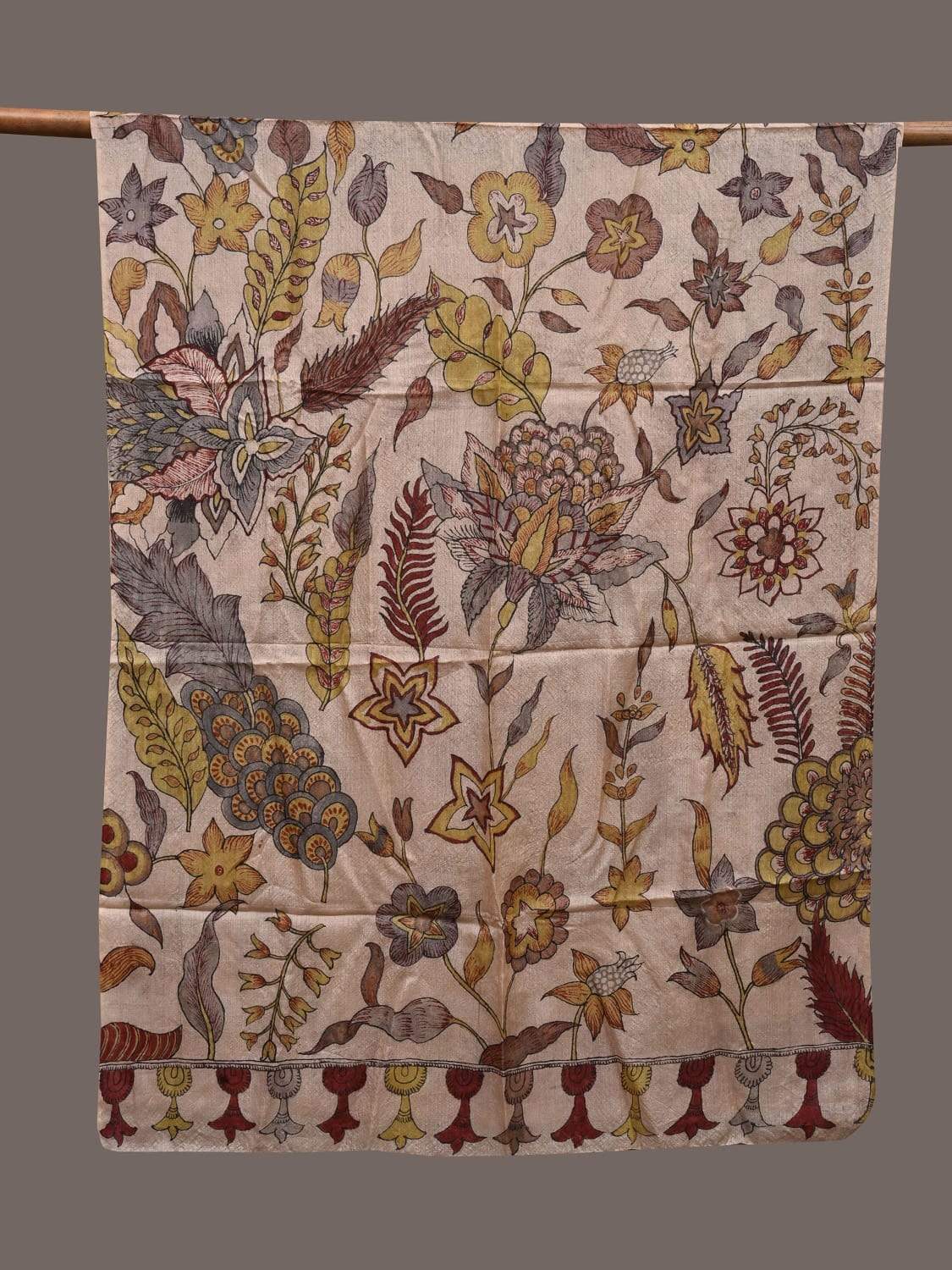 Cream Kalamkari Hand Painted Tussar Handloom Dupatta with Floral Design ds2368