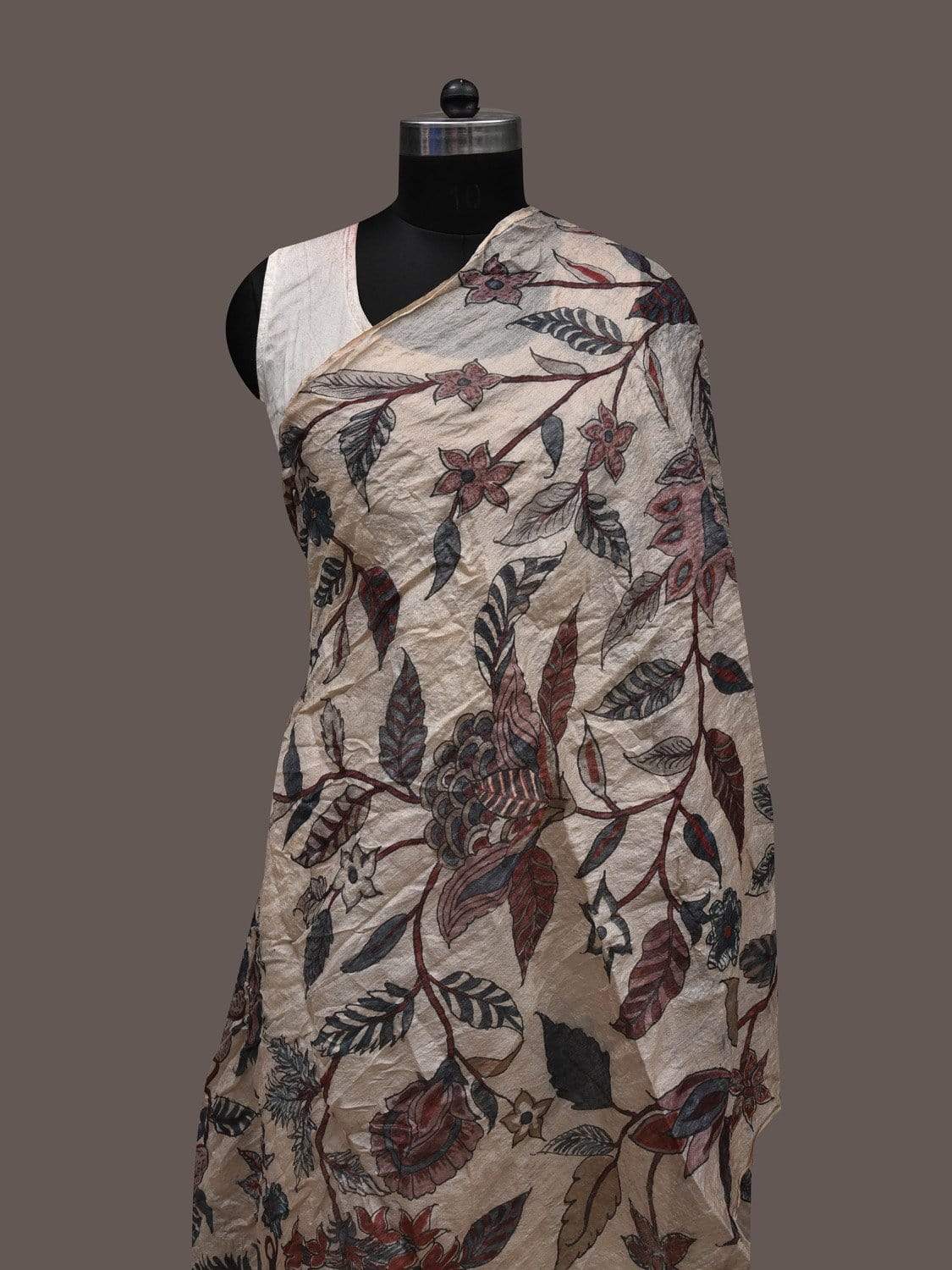 Cream Kalamkari Hand Painted Tussar Handloom Dupatta with Floral Design ds2382