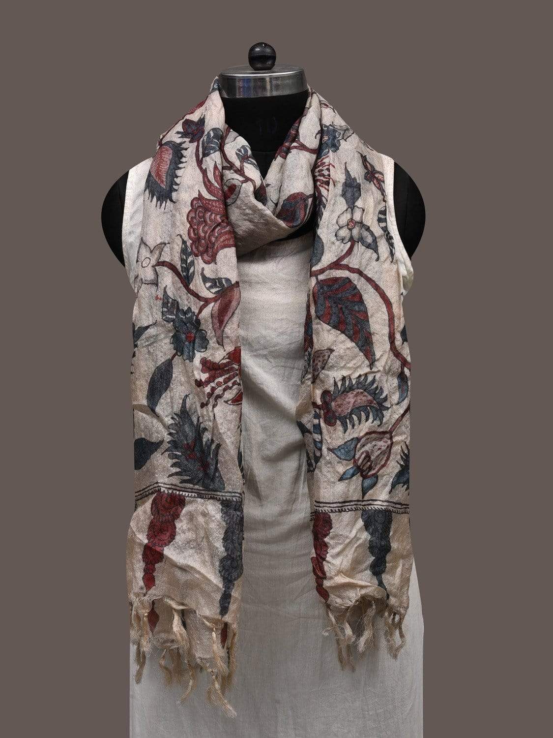 Cream Kalamkari Hand Painted Tussar Handloom Dupatta with Floral Design ds2382