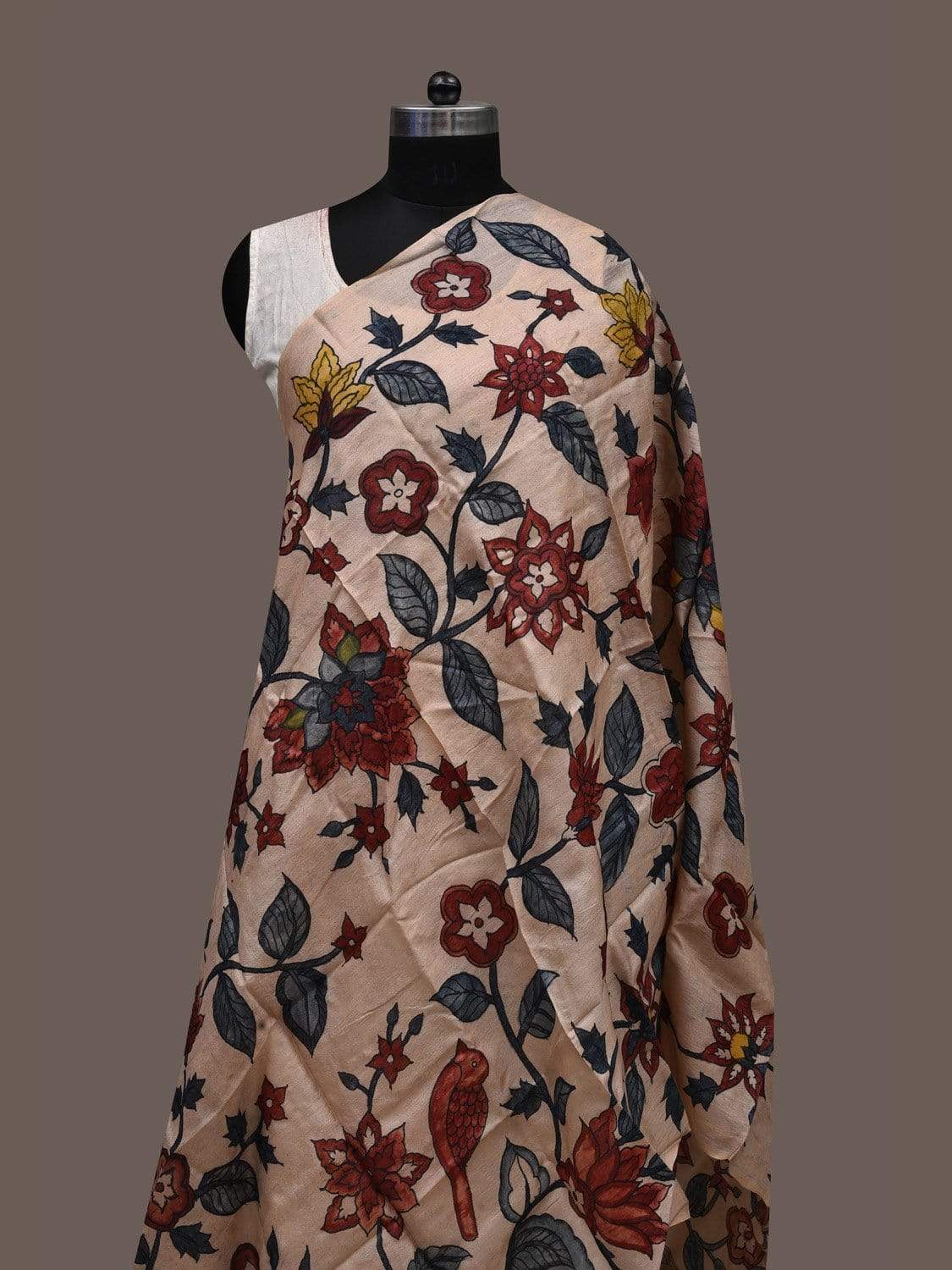 Cream Kalamkari Hand Painted Tussar Handloom Dupatta with Floral Design ds2386