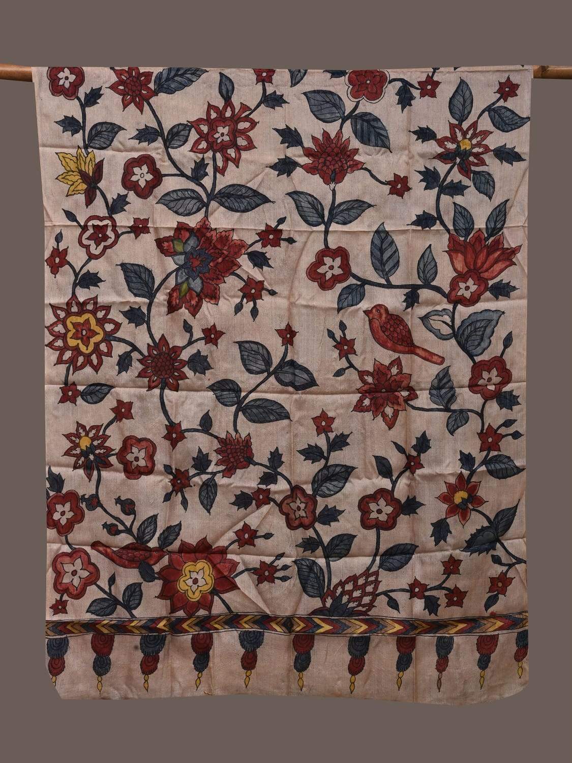 Cream Kalamkari Hand Painted Tussar Handloom Dupatta with Floral Design ds2386