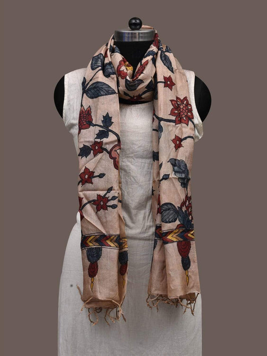 Cream Kalamkari Hand Painted Tussar Handloom Dupatta with Floral Design ds2386