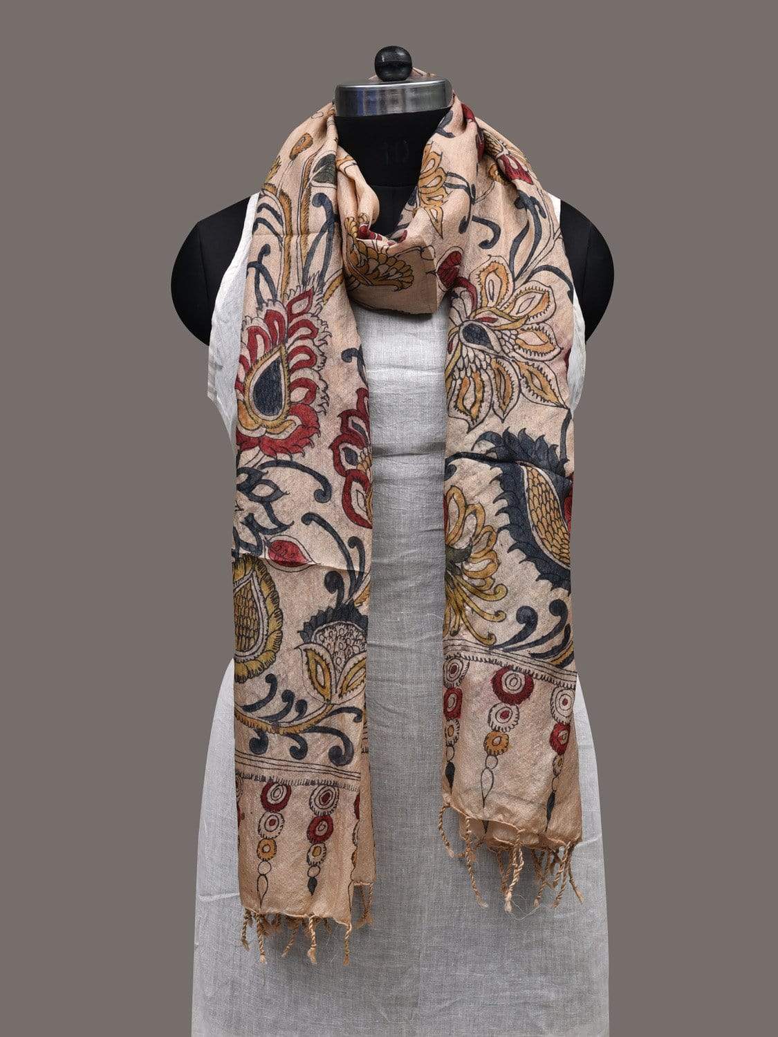 Cream Kalamkari Hand Painted Tussar Handloom Dupatta with Floral Design ds2422