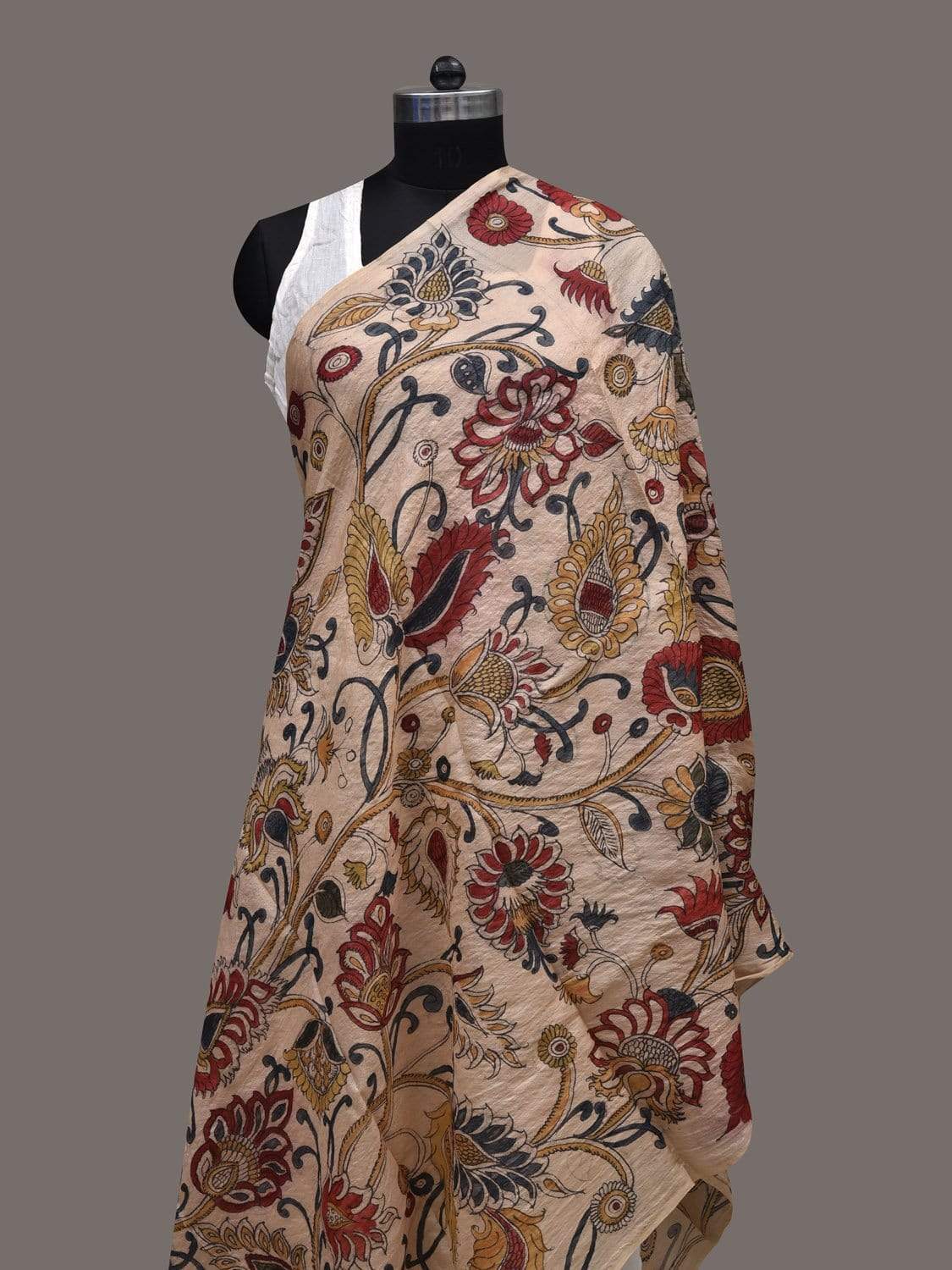 Cream Kalamkari Hand Painted Tussar Handloom Dupatta with Floral Design ds2422