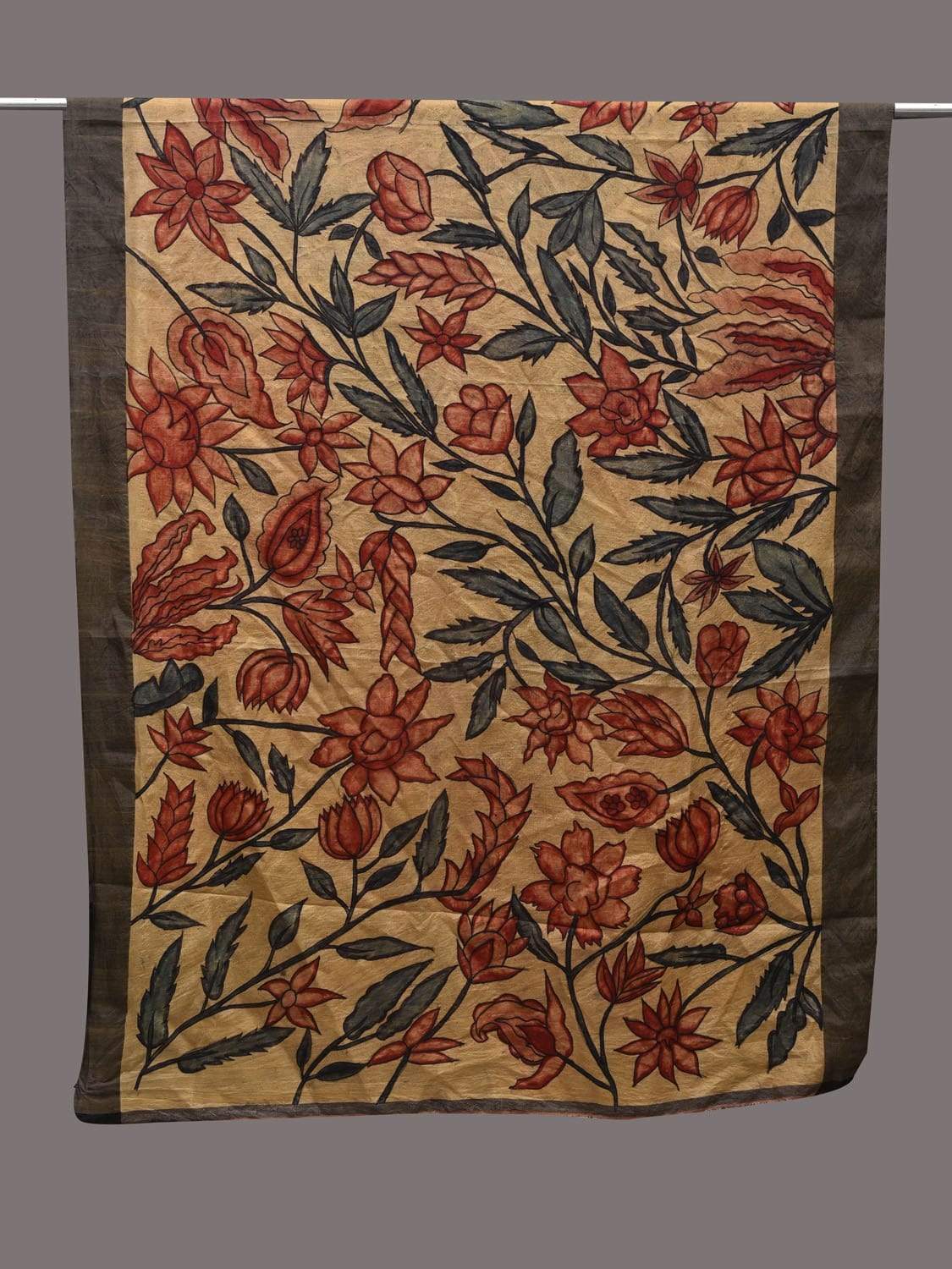 Cream Kalamkari Hand Painted Tussar Handloom Dupatta with Floral Design ds2479