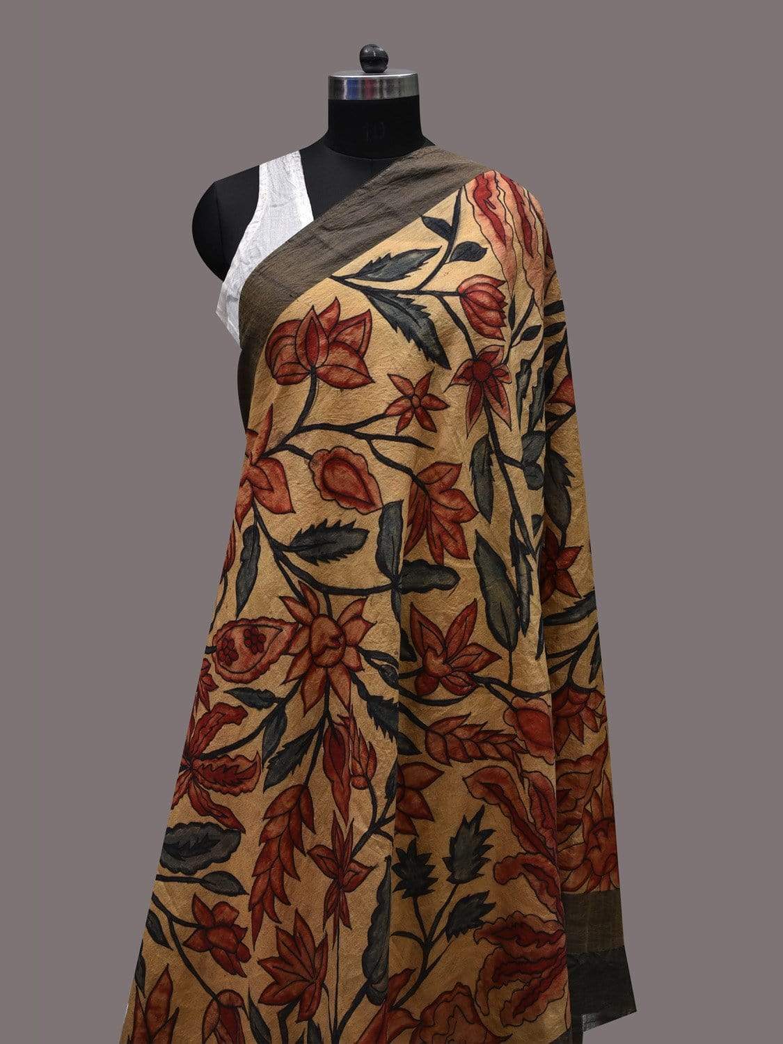 Cream Kalamkari Hand Painted Tussar Handloom Dupatta with Floral Design ds2479