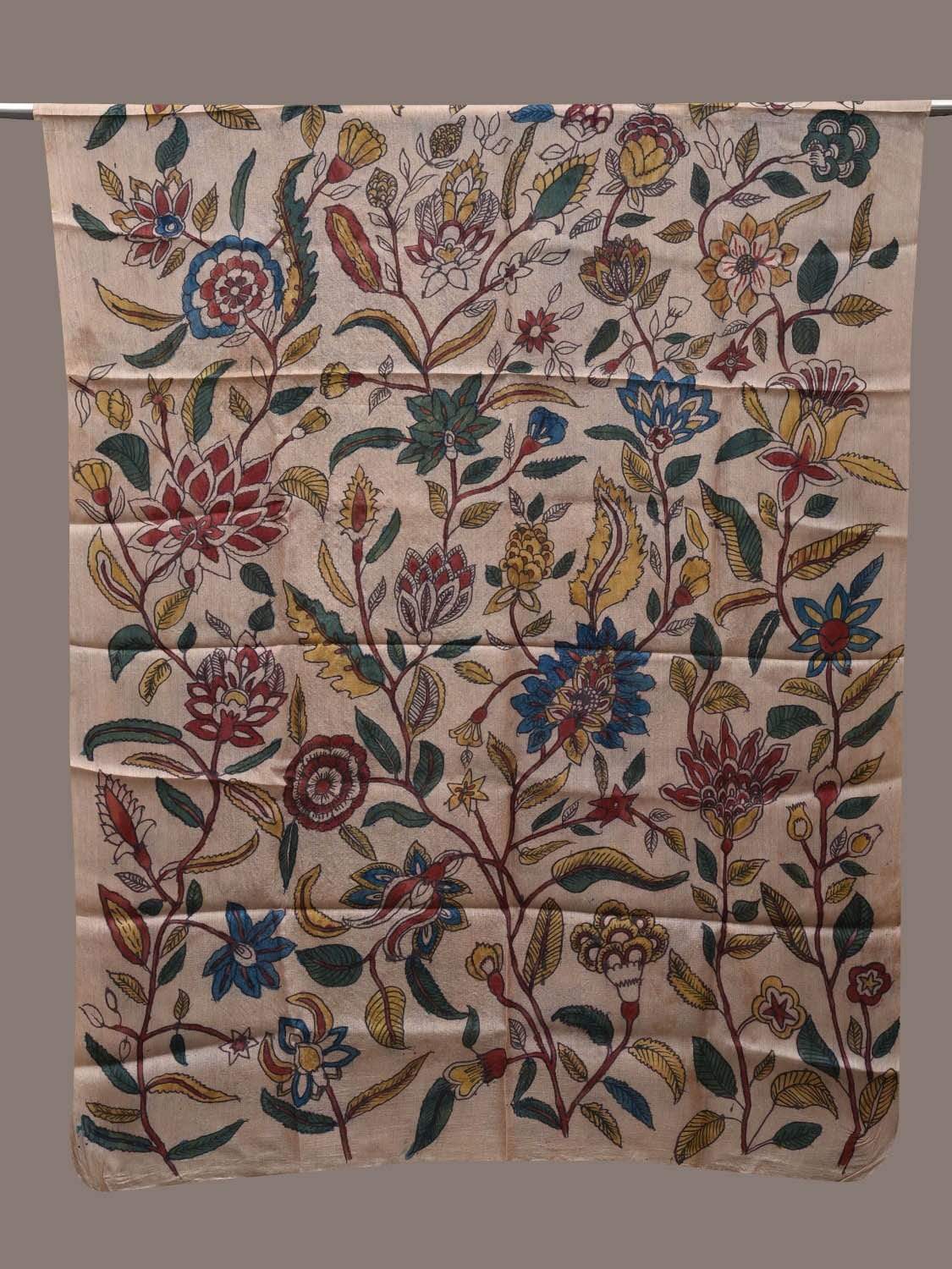 Cream Kalamkari Hand Painted Tussar Handloom Dupatta with Floral Design ds2497