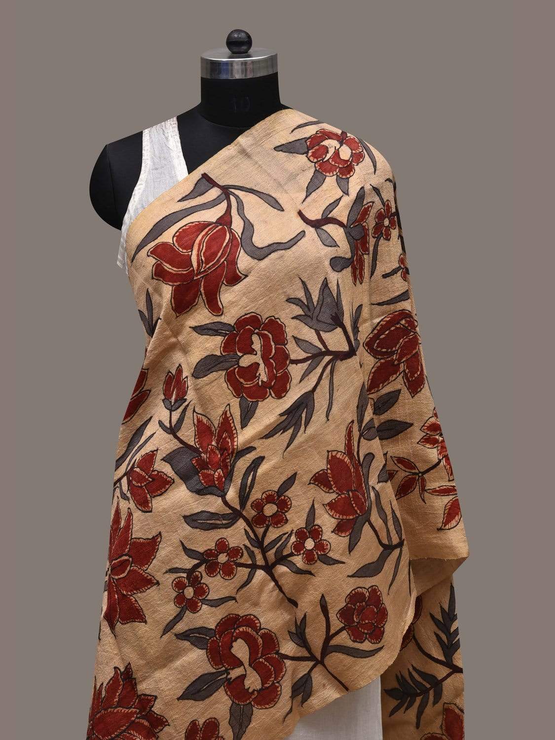 Cream Kalamkari Hand Painted Tussar Handloom Dupatta with Floral Design ds2538