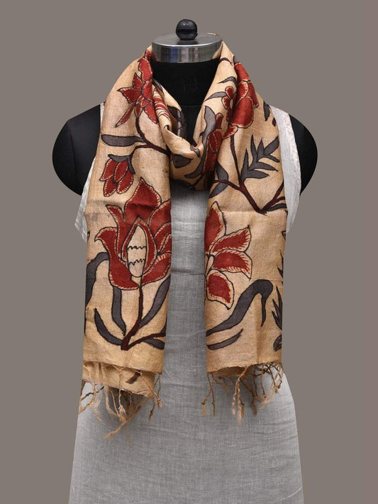 Cream Kalamkari Hand Painted Tussar Handloom Dupatta with Floral Design ds2538