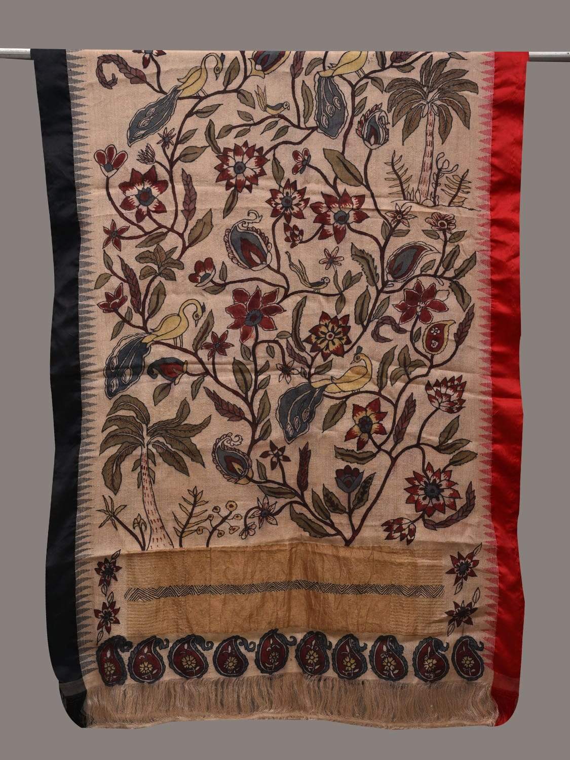 Cream Kalamkari Hand Painted Tussar Handloom Dupatta with Floral Design ds2559