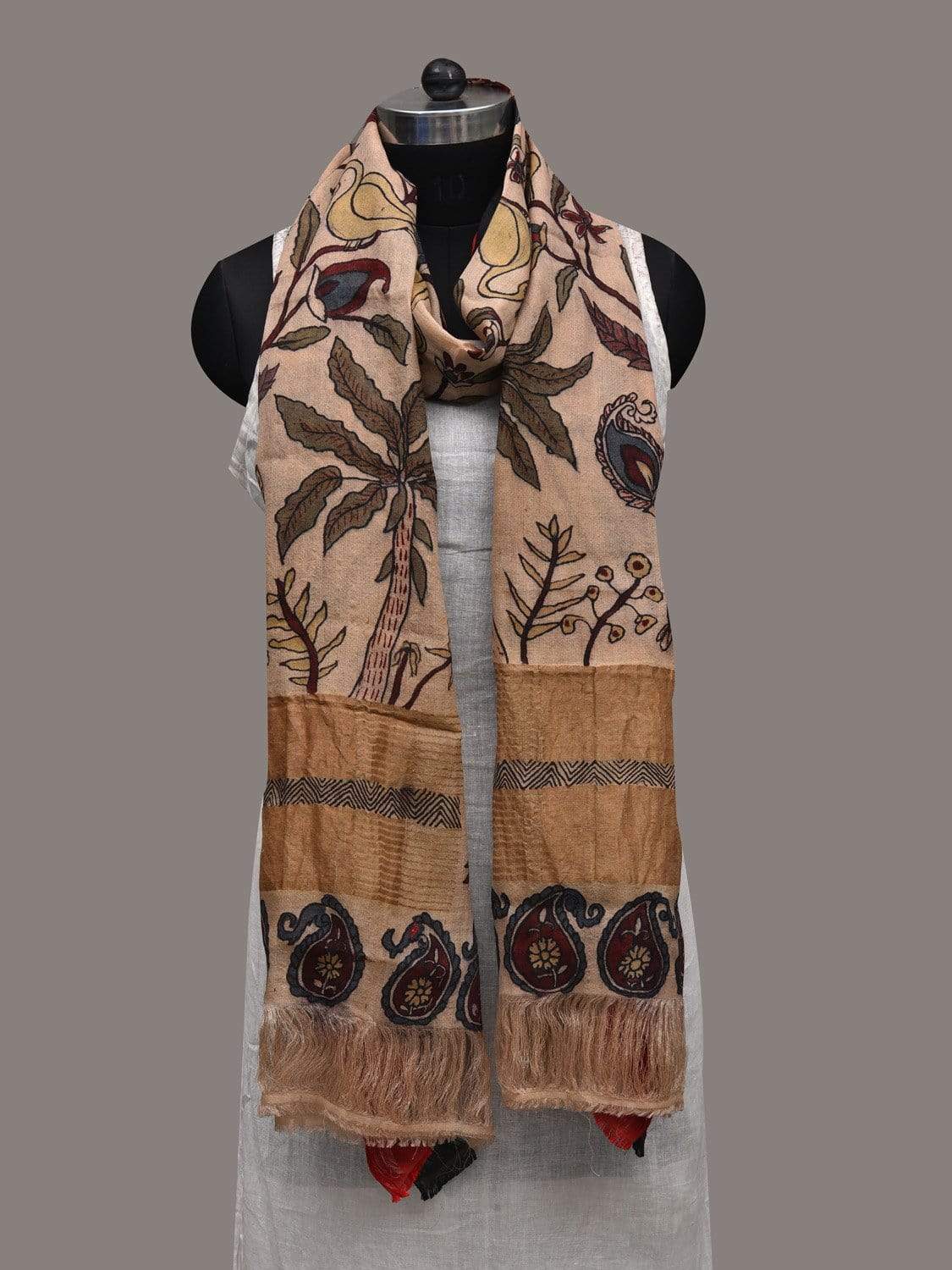 Cream Kalamkari Hand Painted Tussar Handloom Dupatta with Floral Design ds2559