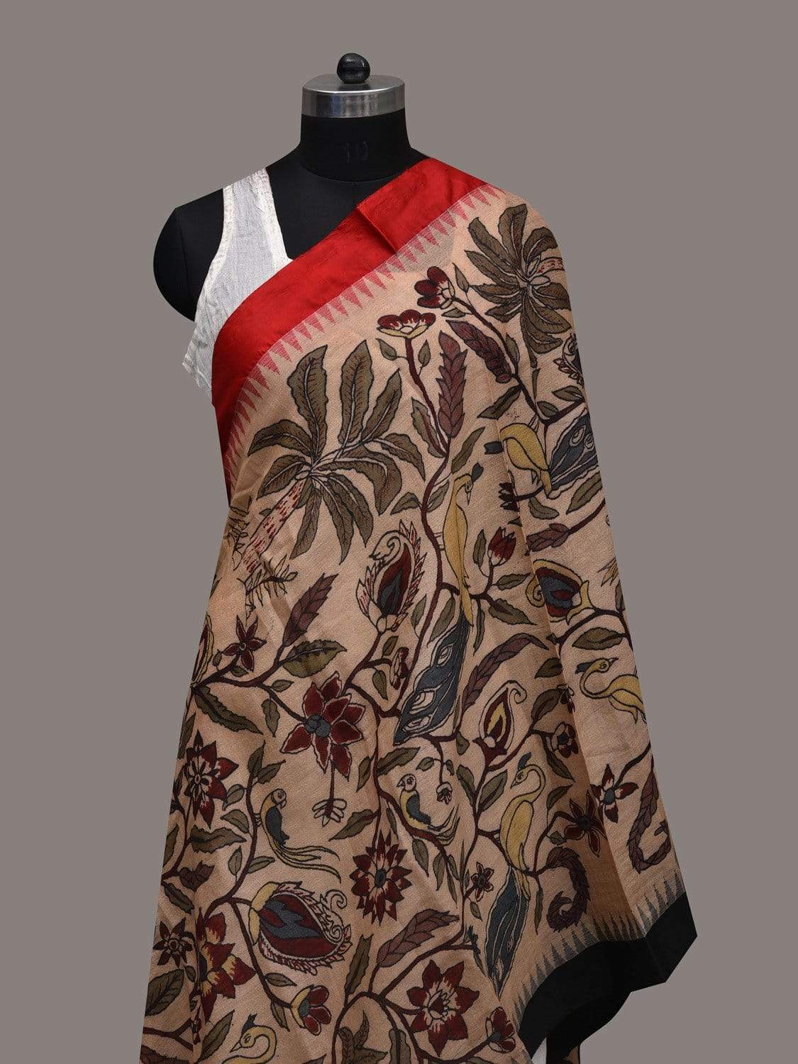 Cream Kalamkari Hand Painted Tussar Handloom Dupatta with Floral Design ds2559