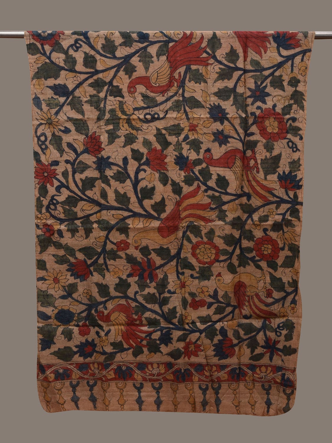 Cream Kalamkari Hand Painted Tussar Handloom Dupatta with Floral Design ds2792