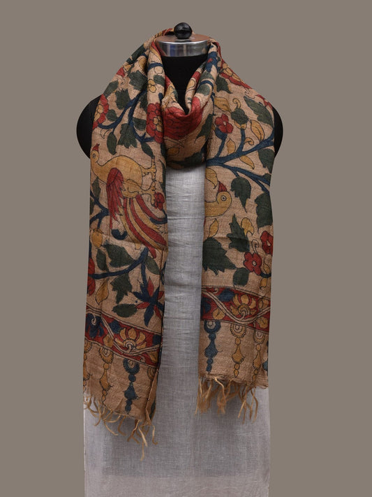 Cream Kalamkari Hand Painted Tussar Handloom Dupatta with Floral Design ds2792