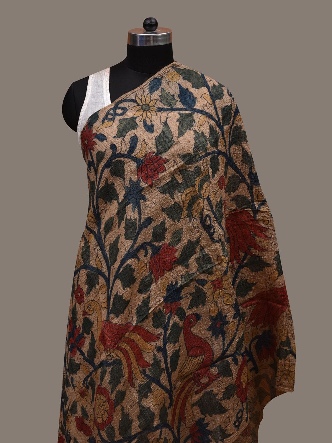 Cream Kalamkari Hand Painted Tussar Handloom Dupatta with Floral Design ds2792