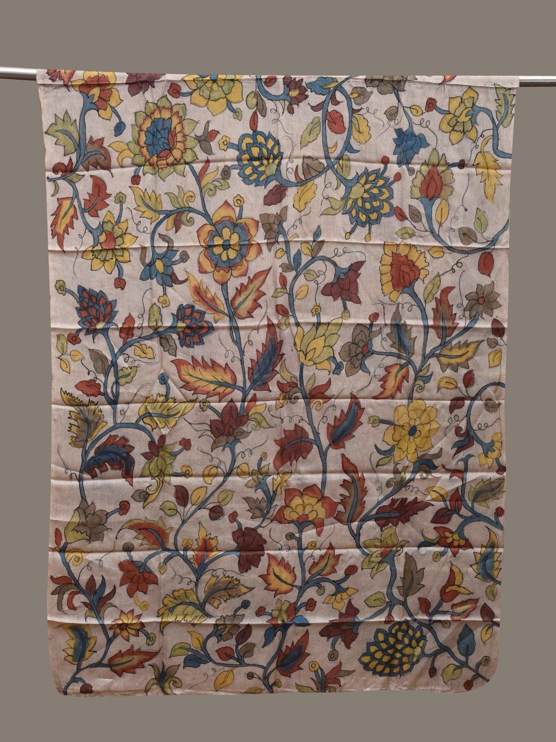 Cream Kalamkari Hand Painted Tussar Handloom Dupatta with Floral Design ds2837