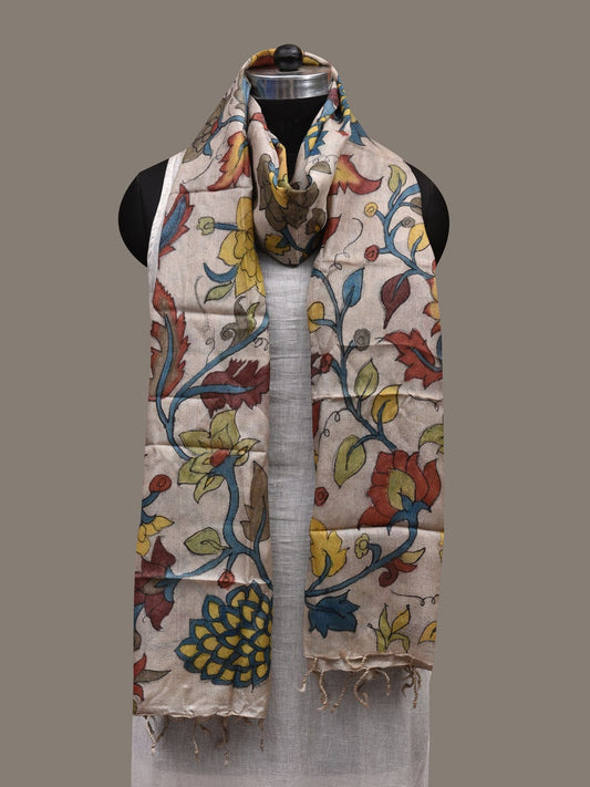 Cream Kalamkari Hand Painted Tussar Handloom Dupatta with Floral Design ds2837