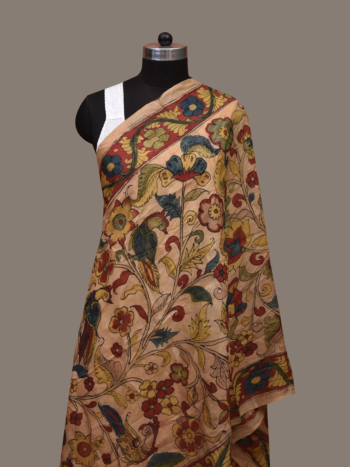 Cream Kalamkari Hand Painted Tussar Handloom Dupatta with Floral Design ds3073