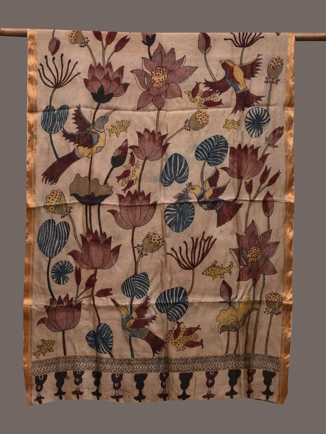 Cream Kalamkari Hand Painted Tussar Handloom Dupatta with Lotus and Birds Design ds2366