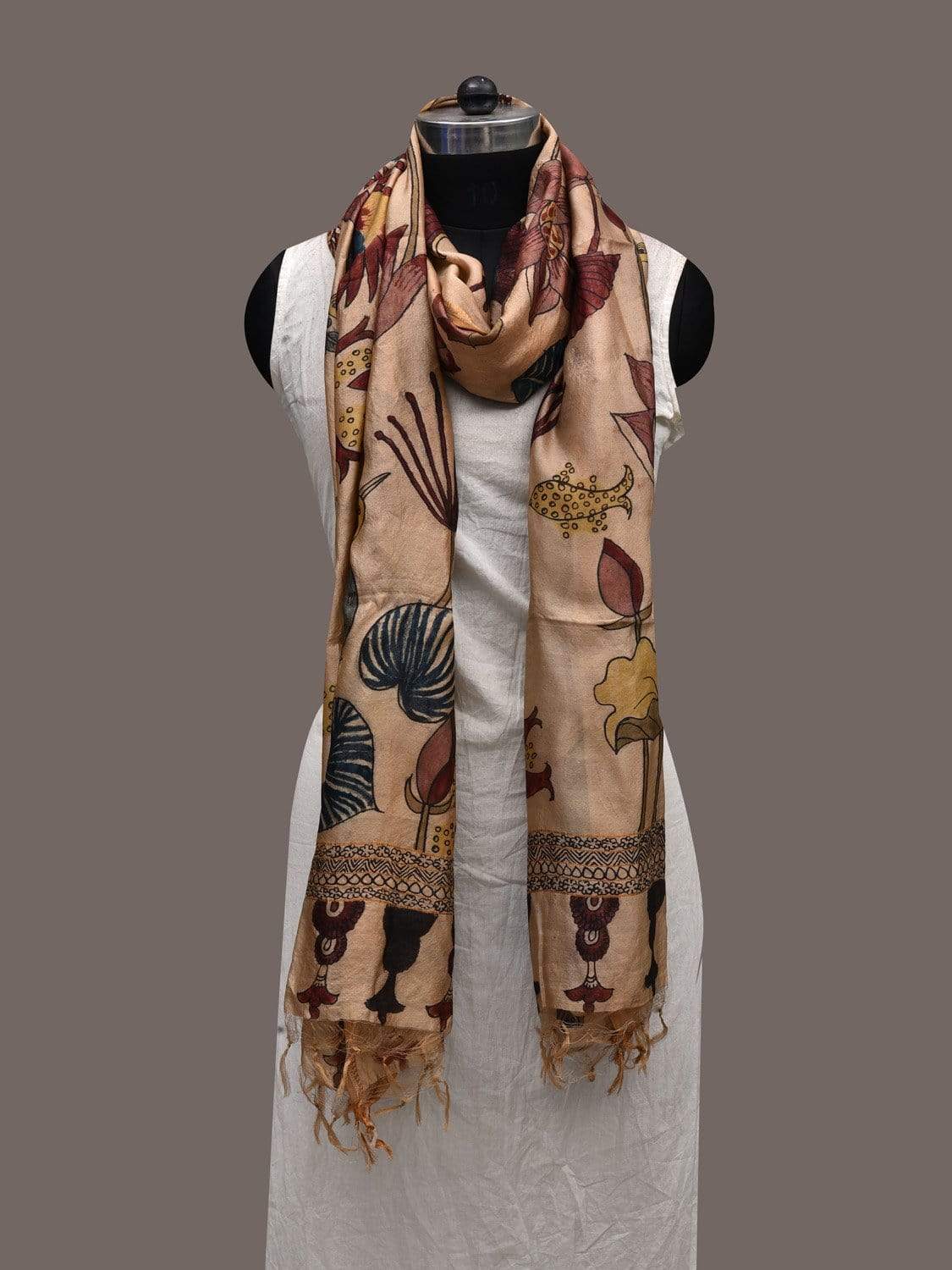 Cream Kalamkari Hand Painted Tussar Handloom Dupatta with Lotus and Birds Design ds2366