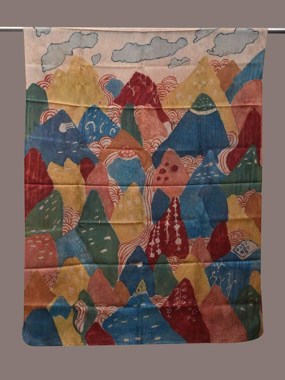 Cream Kalamkari Hand Painted Tussar Handloom Dupatta with Mountains Design ds2496