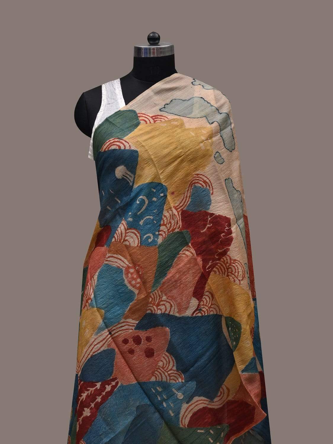 Cream Kalamkari Hand Painted Tussar Handloom Dupatta with Mountains Design ds2496