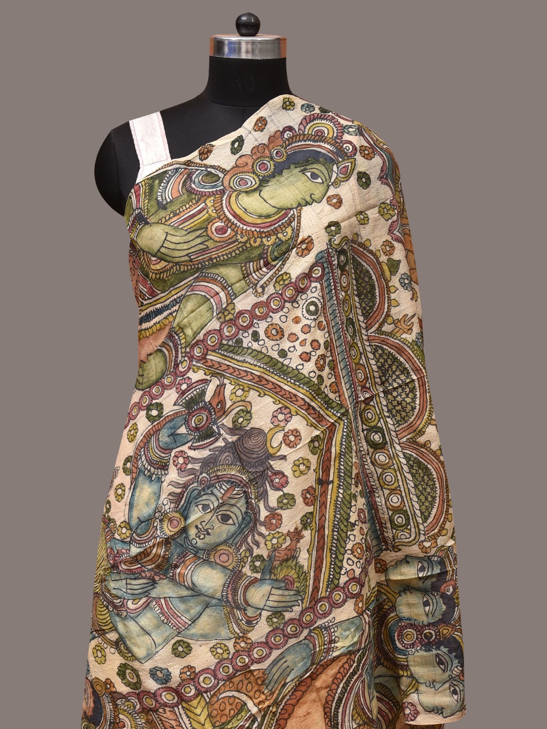 Cream Kalamkari Hand Painted Tussar Handloom Dupatta with Mythological Design ds3453