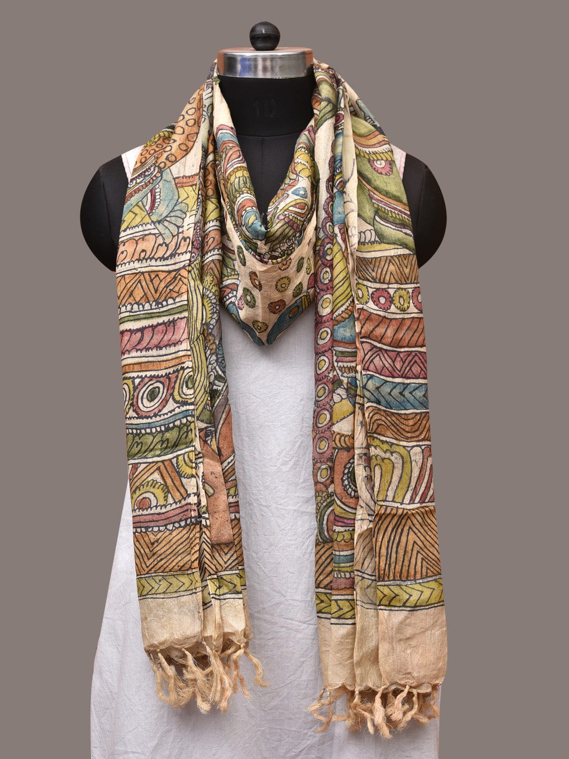 Cream Kalamkari Hand Painted Tussar Handloom Dupatta with Mythological Design ds3453