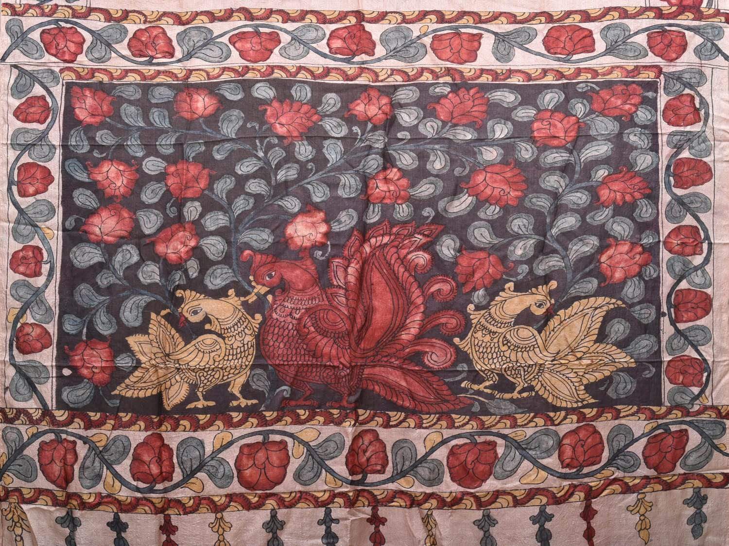 Cream Kalamkari Hand Painted Tussar Handloom Saree with Border and Peacock Pallu Design KL0457