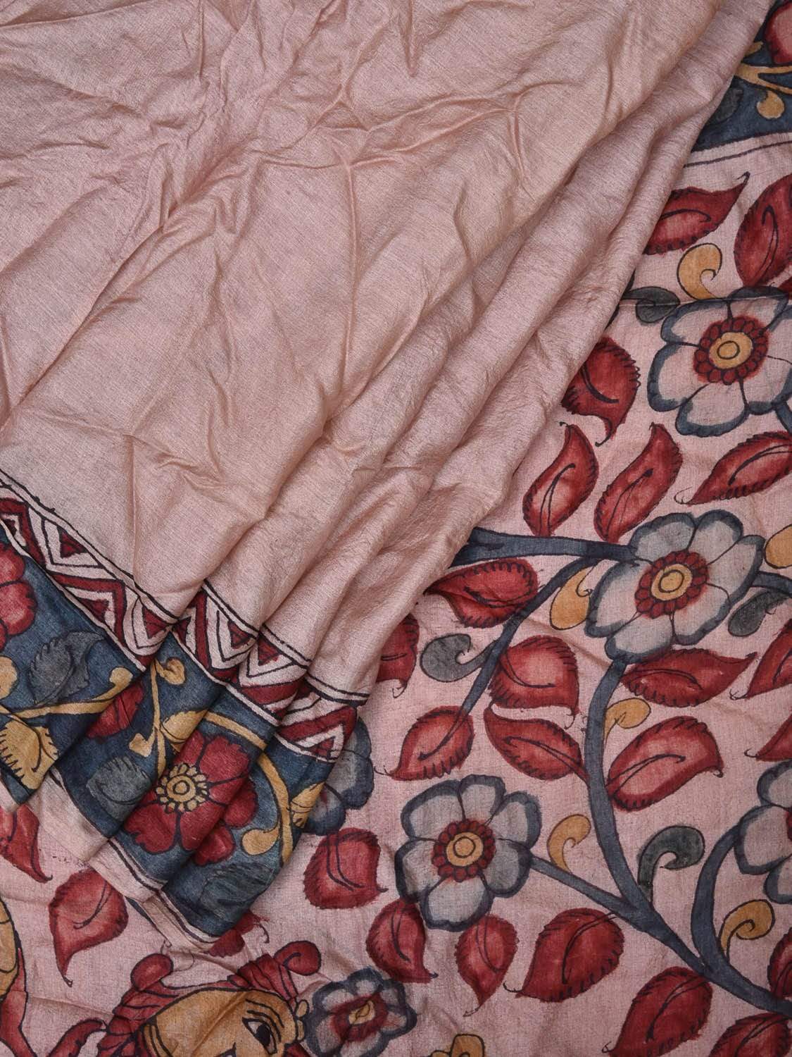 Cream Kalamkari Hand Painted Tussar Handloom Saree with Border and Peacock Pallu Design KL0459