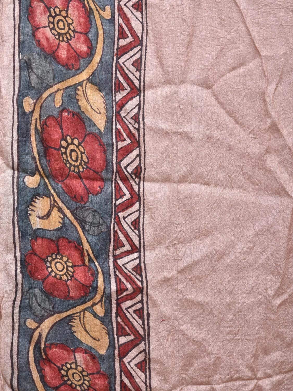 Cream Kalamkari Hand Painted Tussar Handloom Saree with Border and Peacock Pallu Design KL0459