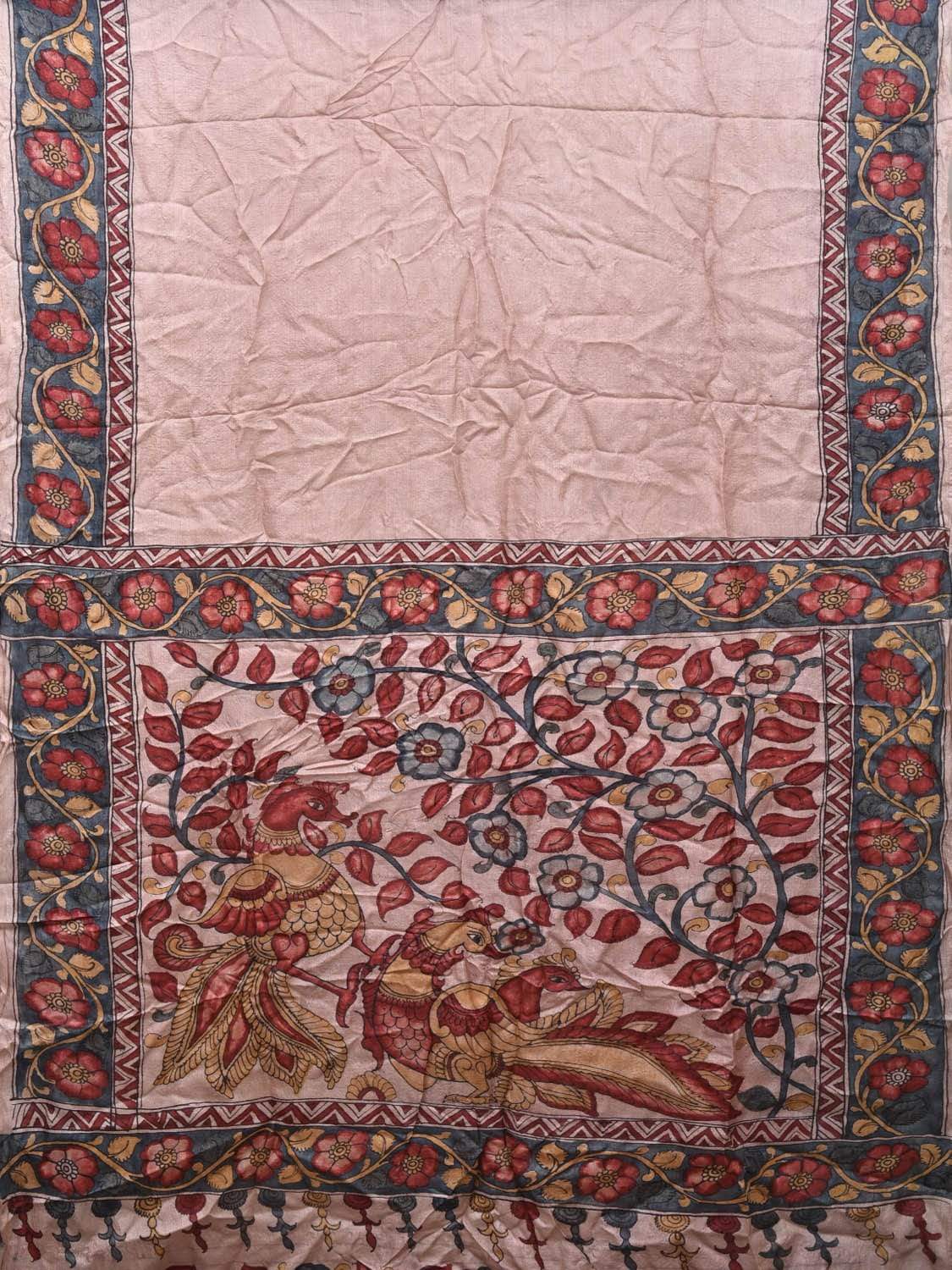 Cream Kalamkari Hand Painted Tussar Handloom Saree with Border and Peacock Pallu Design KL0459