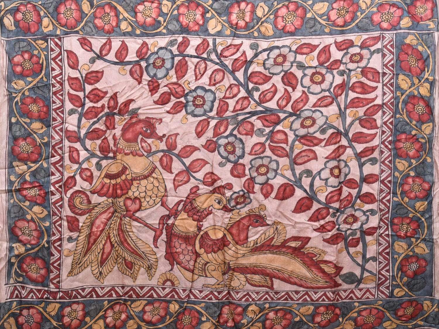 Cream Kalamkari Hand Painted Tussar Handloom Saree with Border and Peacock Pallu Design KL0459