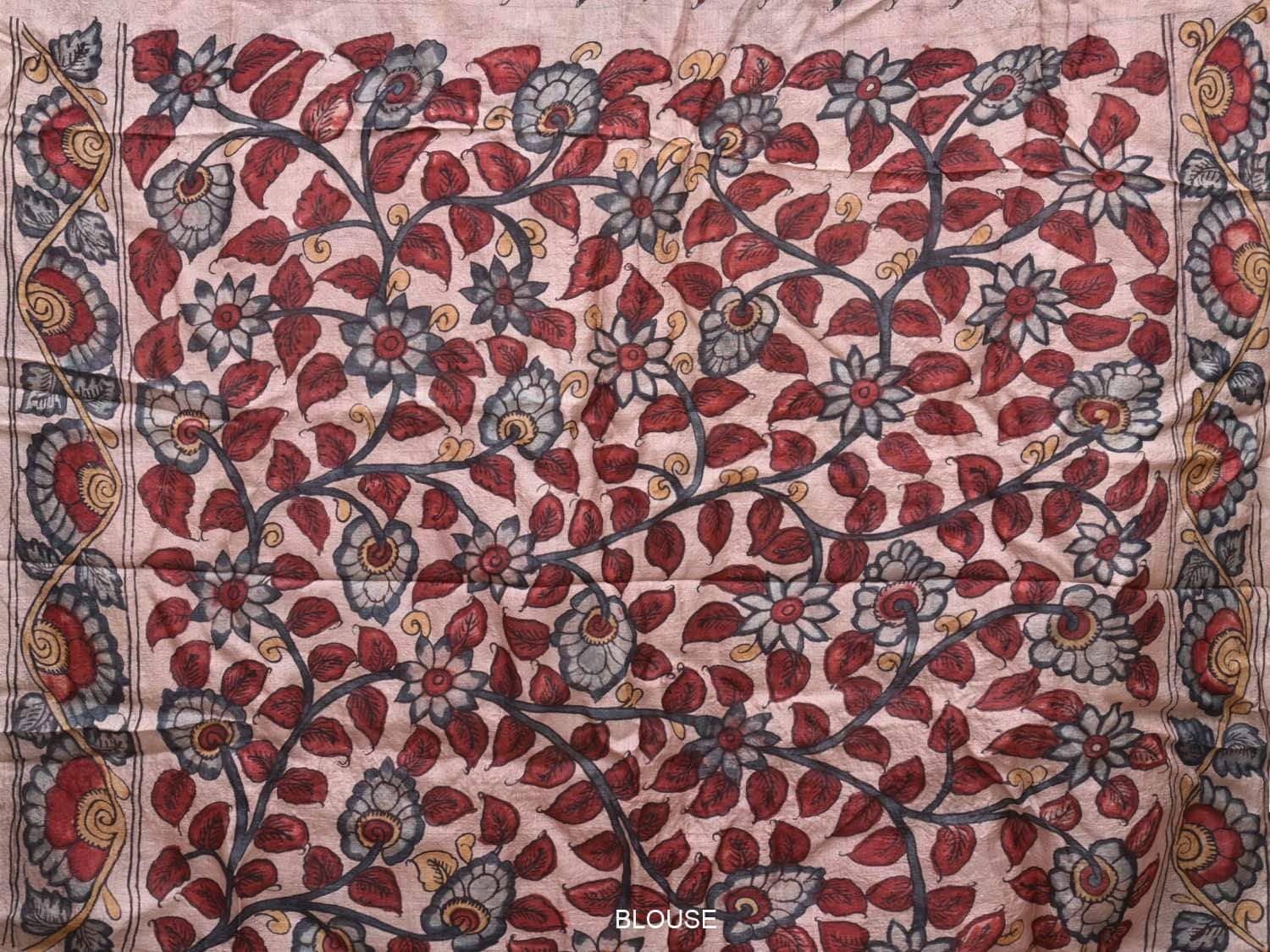 Cream Kalamkari Hand Painted Tussar Handloom Saree with Border and Peacock Pallu Design KL0461