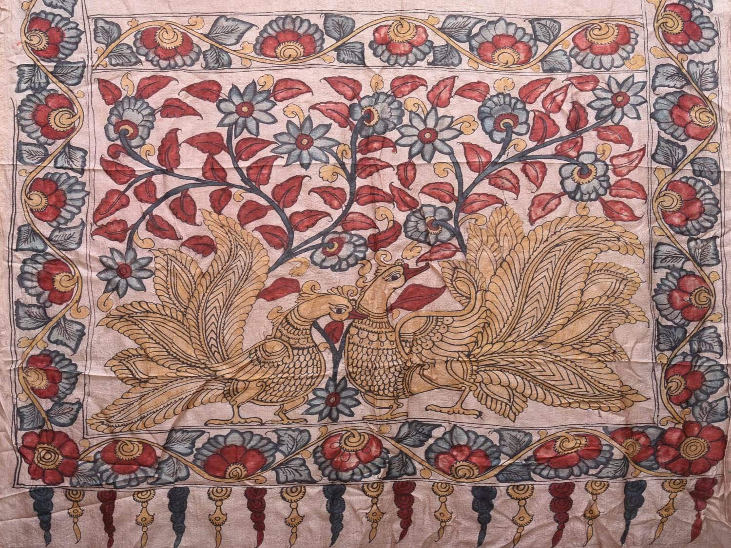 Cream Kalamkari Hand Painted Tussar Handloom Saree with Border and Peacock Pallu Design KL0461