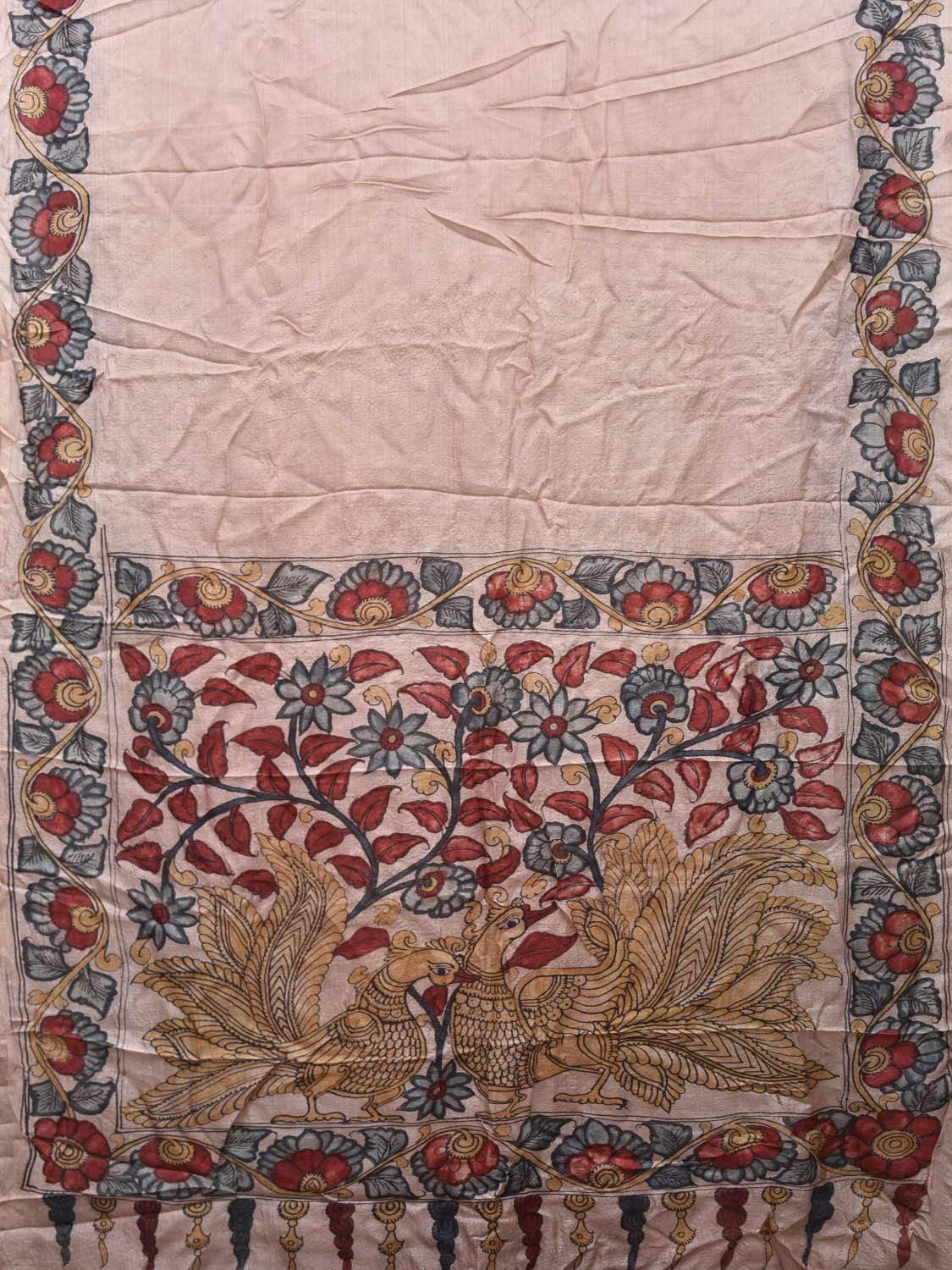 Cream Kalamkari Hand Painted Tussar Handloom Saree with Border and Peacock Pallu Design KL0461