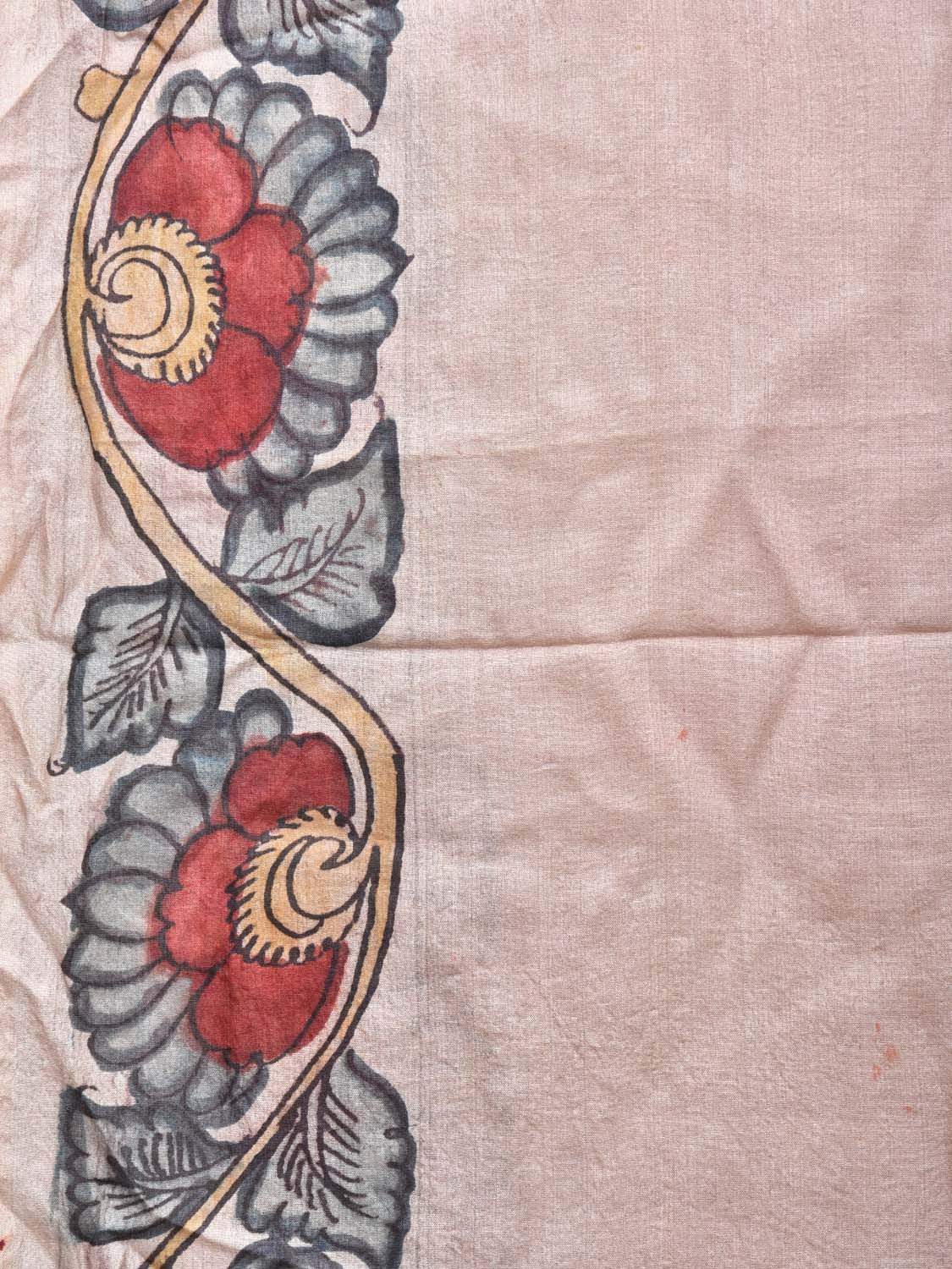 Cream Kalamkari Hand Painted Tussar Handloom Saree with Border and Peacock Pallu Design KL0461