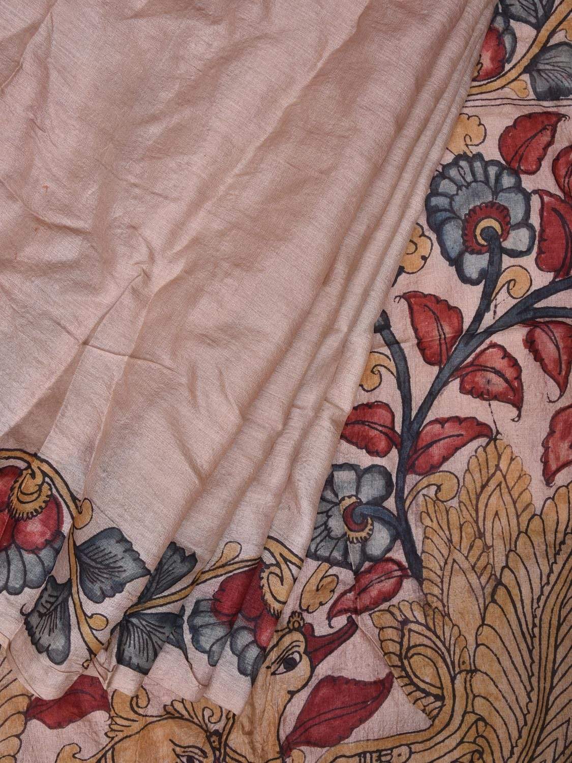Cream Kalamkari Hand Painted Tussar Handloom Saree with Border and Peacock Pallu Design KL0461