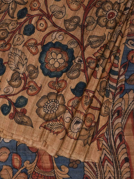 Cream Kalamkari Hand Painted Tussar Handloom Saree with Floral and Peacocks Design No Blouse KL0569