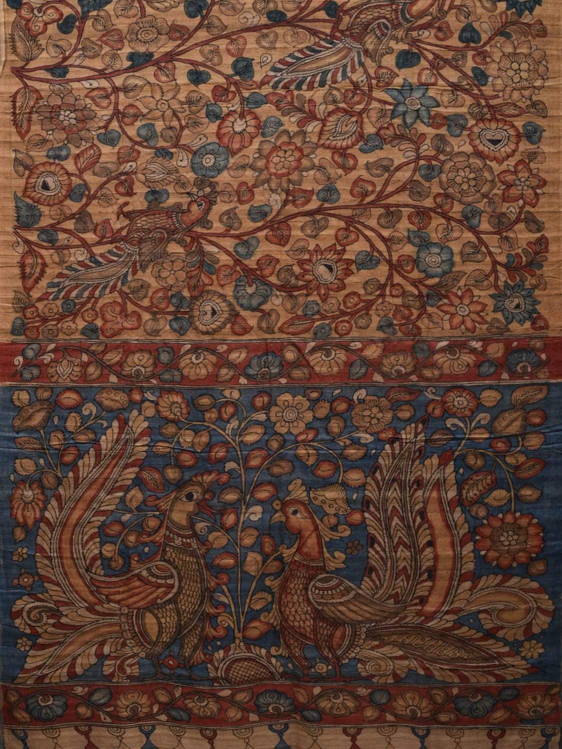 Cream Kalamkari Hand Painted Tussar Handloom Saree with Floral and Peacocks Design No Blouse KL0569