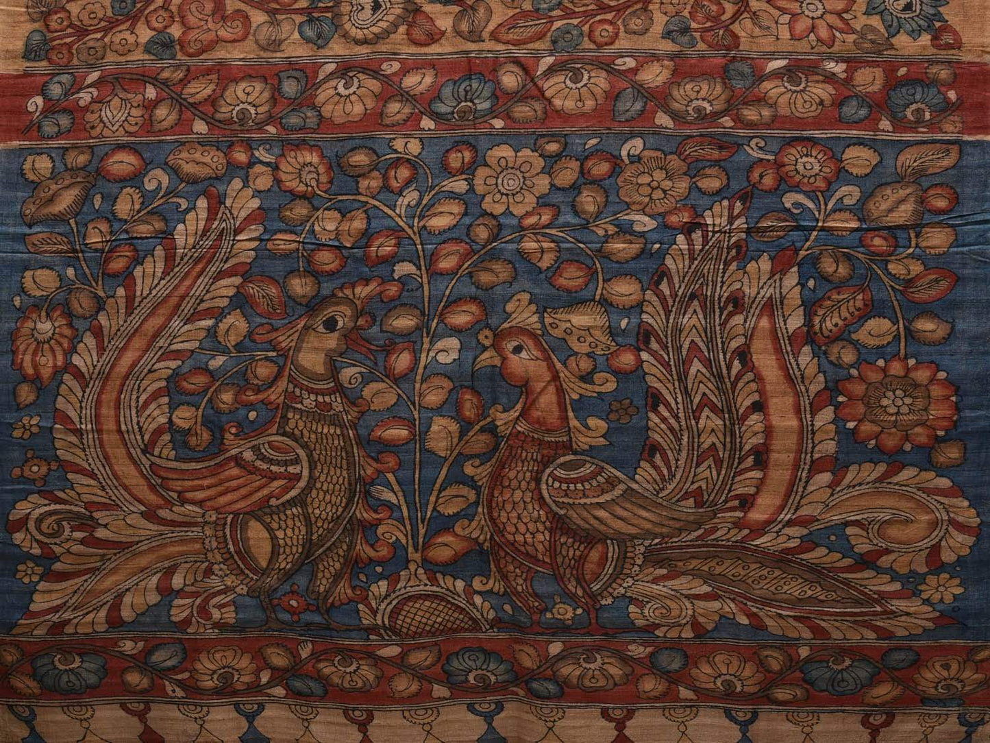 Cream Kalamkari Hand Painted Tussar Handloom Saree with Floral and Peacocks Design No Blouse KL0569