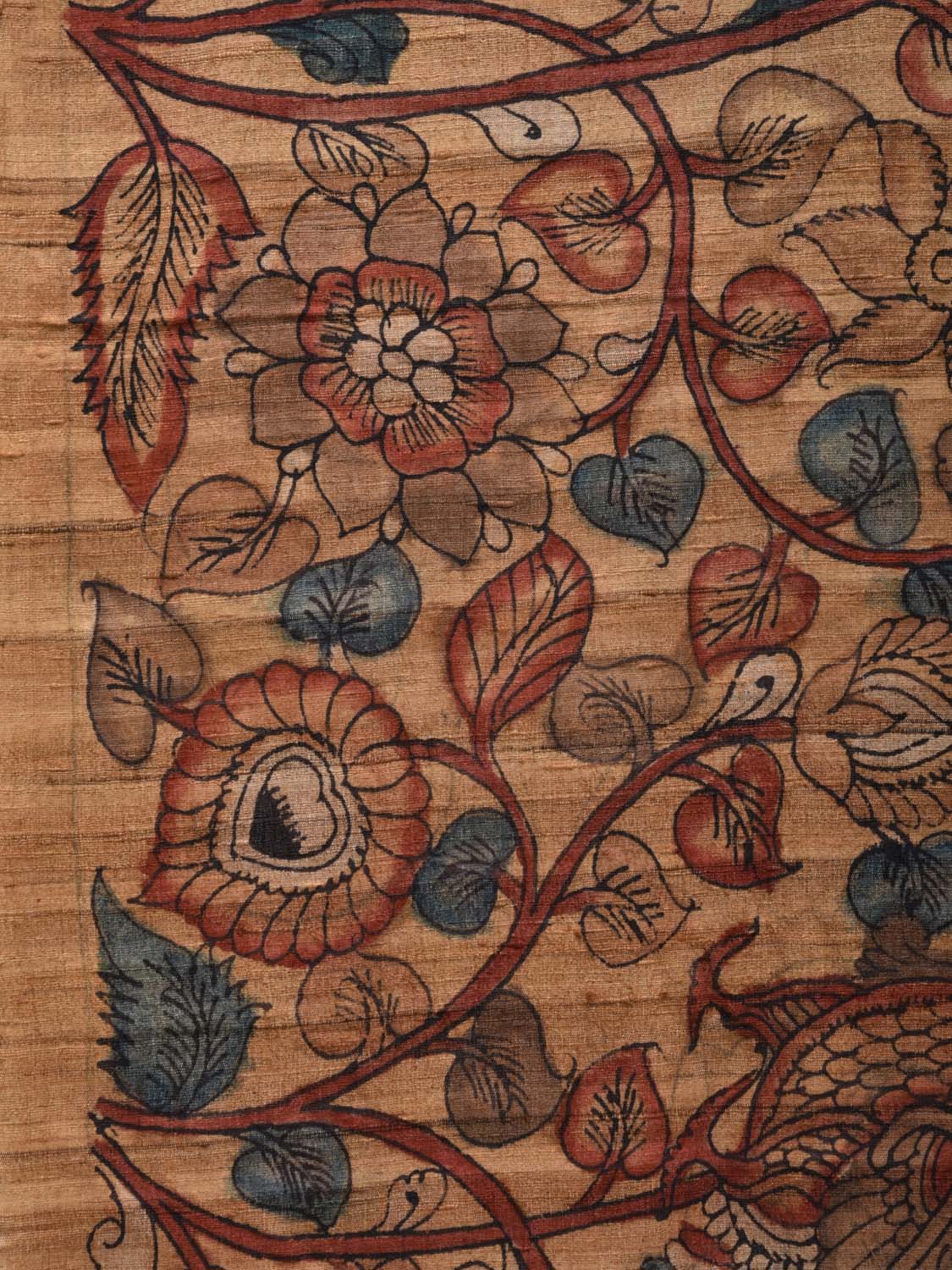 Cream Kalamkari Hand Painted Tussar Handloom Saree with Floral and Peacocks Design No Blouse KL0569