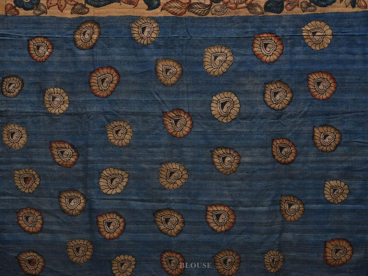 Cream Kalamkari Hand Painted Tussar Handloom Saree with Floral and Peacocks Design No Blouse KL0569