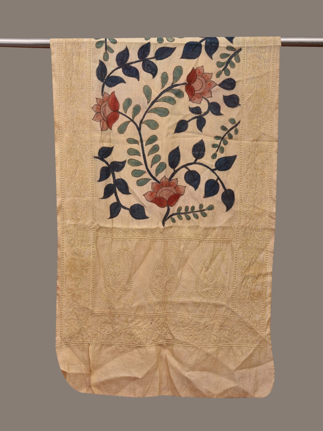 Cream Kalamkari Hand Painted Tussar Handloom Stole with Embroidary and Floral Design ds3076