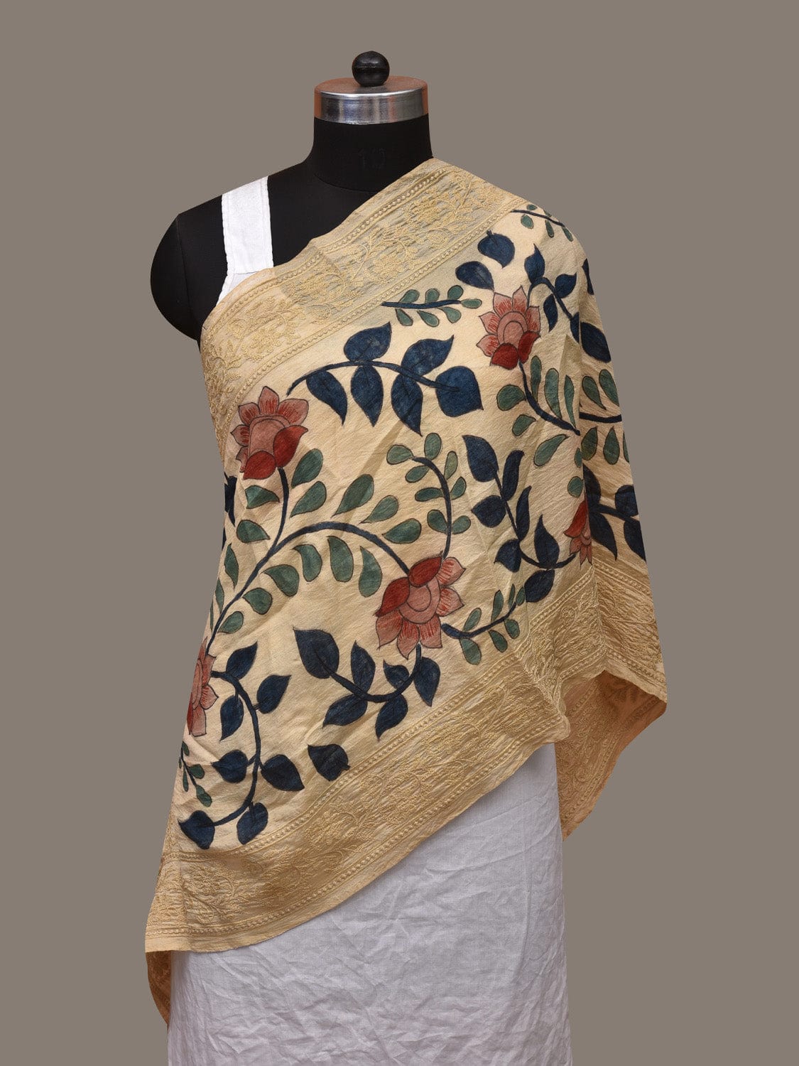 Cream Kalamkari Hand Painted Tussar Handloom Stole with Embroidary and Floral Design ds3076