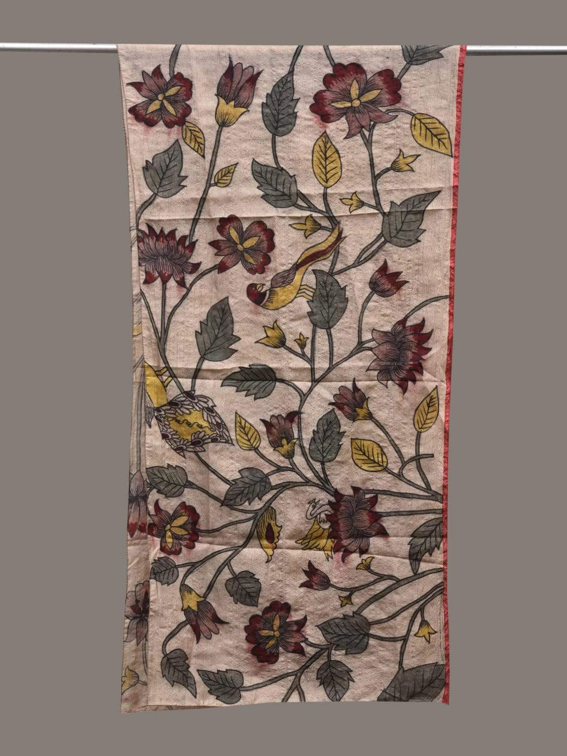 Cream Kalamkari Hand Painted Tussar Handloom Stole with Floral and Birds Design ds2452