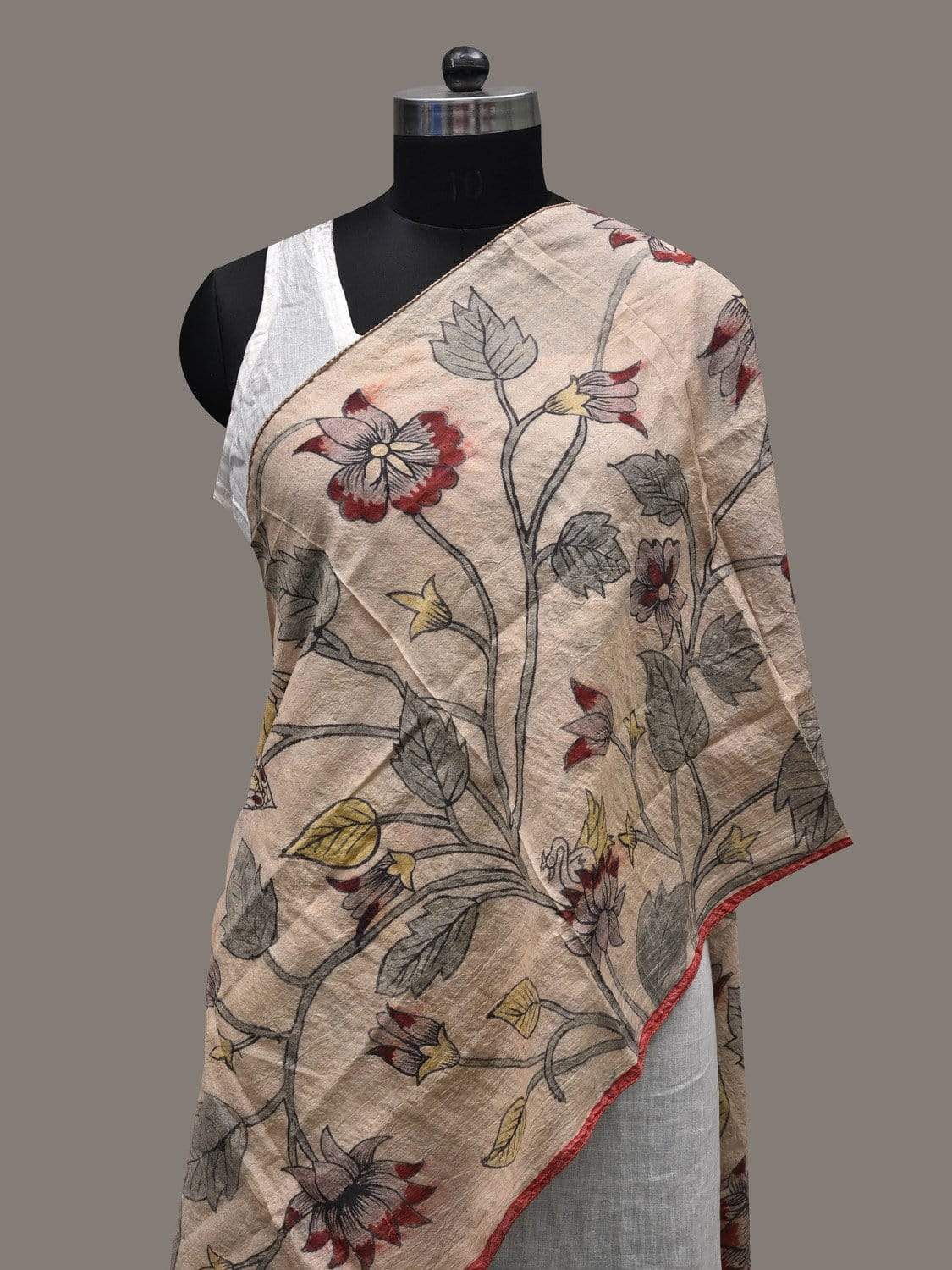 Cream Kalamkari Hand Painted Tussar Handloom Stole with Floral and Birds Design ds2452