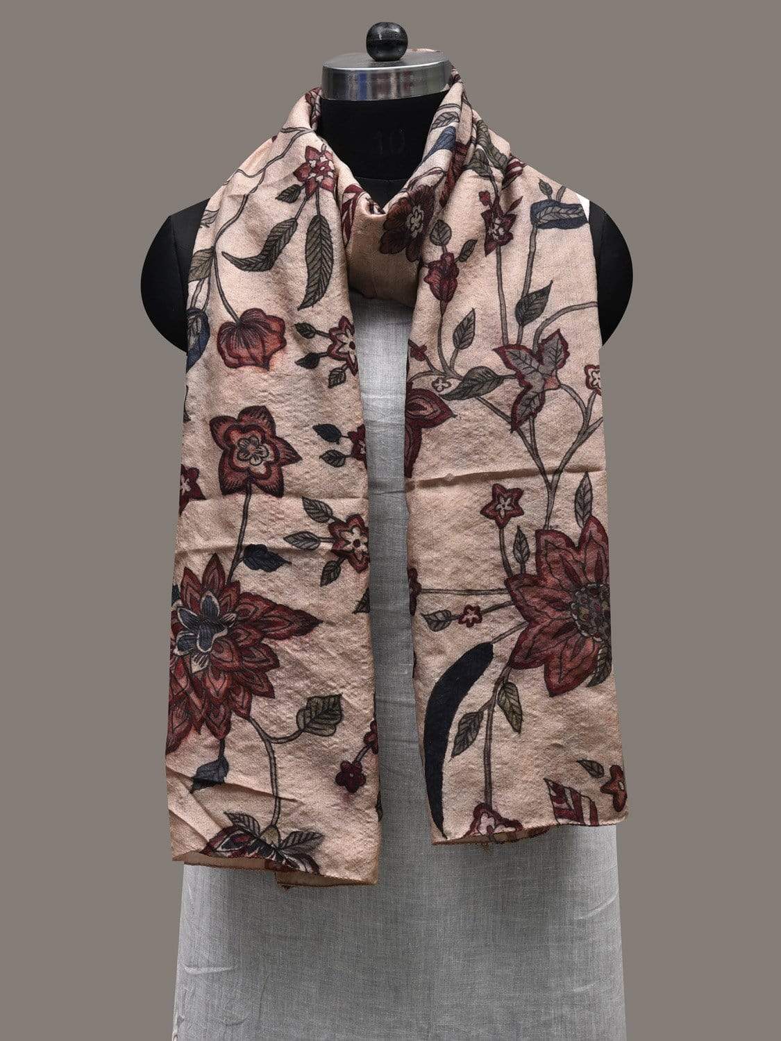 Cream Kalamkari Hand Painted Tussar Handloom Stole with Floral and Birds Design ds2454